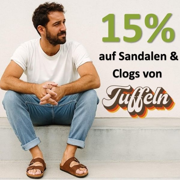 15% Rabatt auf alle Sandalen, Clogs und Hausschuhe der Marke Tuffeln